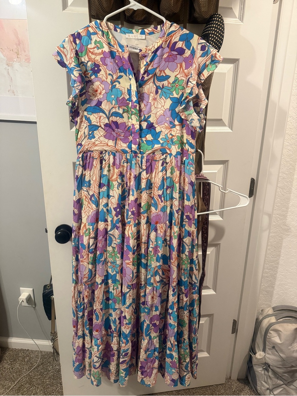 Karlie Floral Midi Dress with Ruffle Sleeves - Purple & Teal